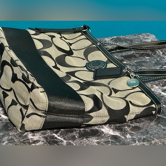 Coach Signature Stripe Zippered Tote Bag Purse Black Gray Shopper F19046 - Picture 4 of 10